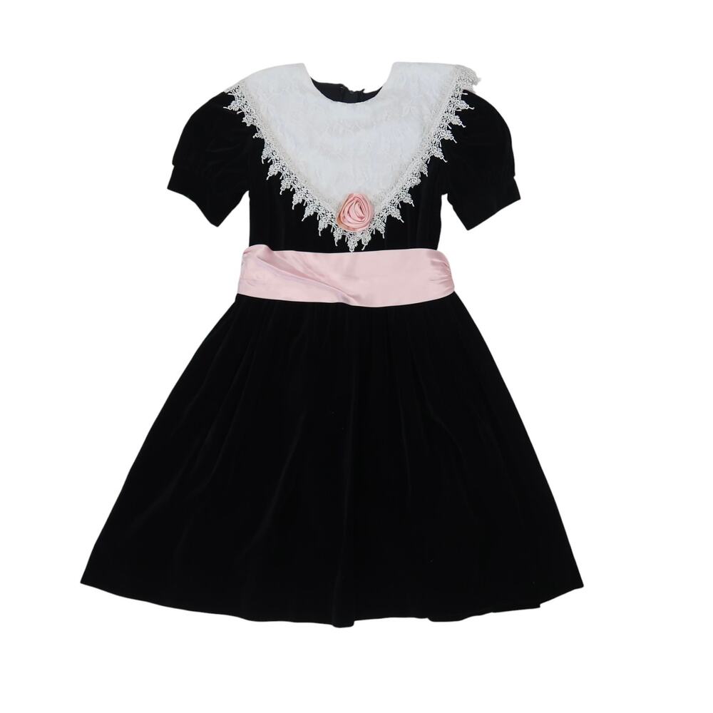 Vintage 80s Jinelle Black Velvet White Lace Bib Party Dress Girls 12